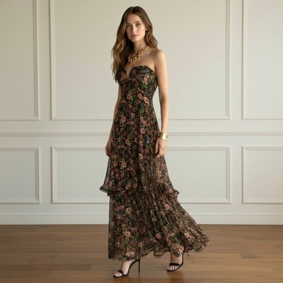 Nicholas Flowy Silk Gown SZ 2 Floral Chiffon Formal Maxi Dress Strapless Glam - Picture 2 of 15